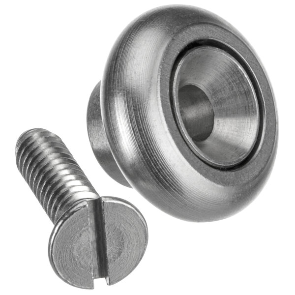 A close-up of a stainless steel bearing with a stud.