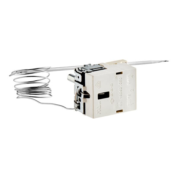 A small white Vollrath thermostat with wires attached.