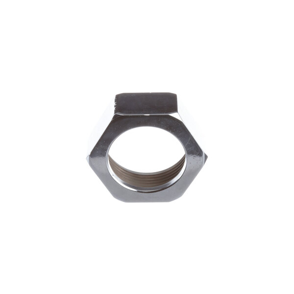 A close-up of a stainless steel hex nut.