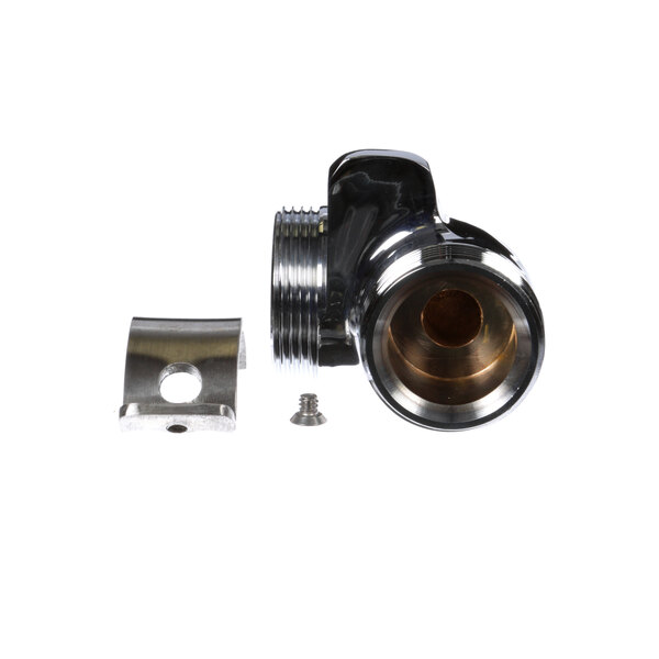 A close-up of a Groen metal elbow and guide assembly with a screw.