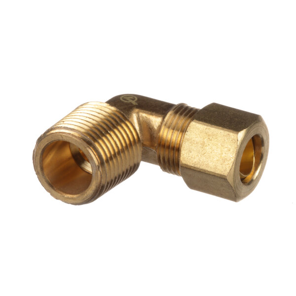 A close-up of a Groen brass elbow fitting with threaded end.