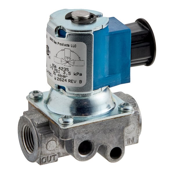 A metal and plastic gas valve with labeled 'IN' and 'OUT' ports, a blue actuator, and a connector for wiring.