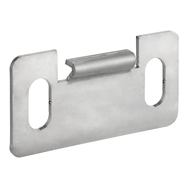 A stainless steel Vulcan door strike with two holes.