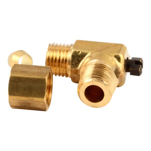 A gold metal Vulcan adjustable gas valve and nut.