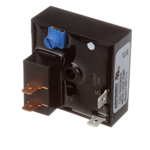 A black Delfield relay with a blue button and knob.