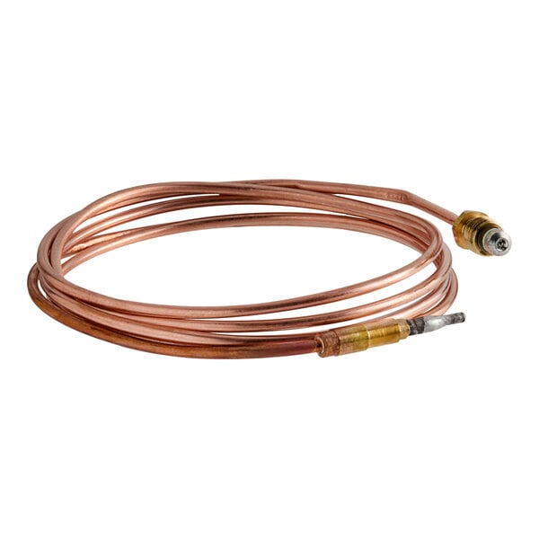 A close-up of a copper wire with a gold connector.