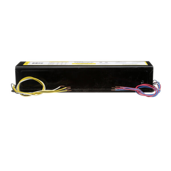 A black rectangular Master-Bilt ballast with wires and a black and white label.