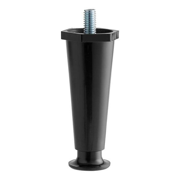 A black plastic leg with a flanged blue bolt.