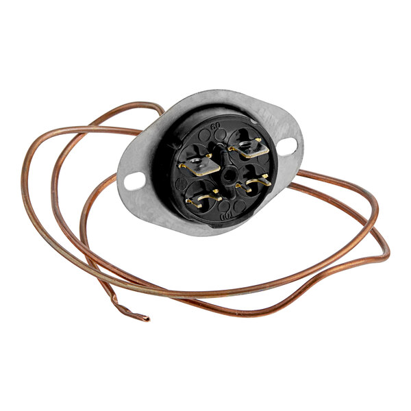 A round black Cleveland Capillary Hi Limit with copper wires attached to a metal circle.