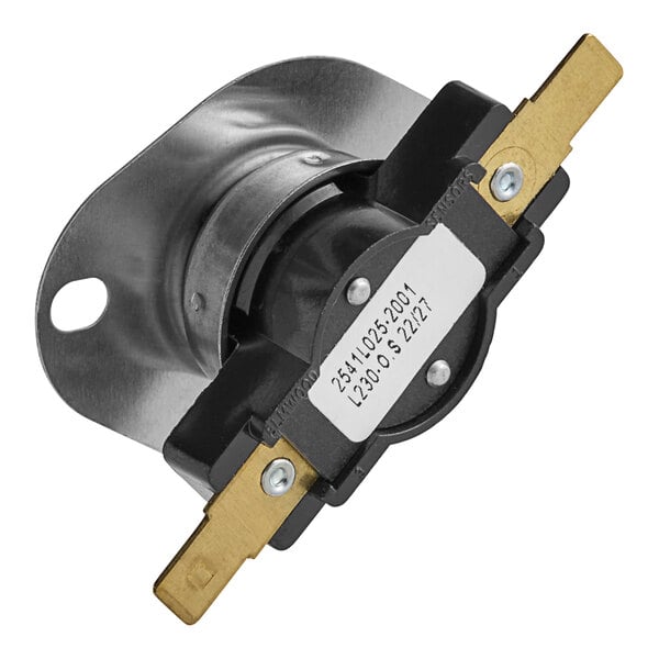 A black and gold thermostat with a metal plate.