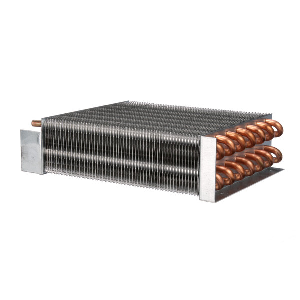 A close-up of a Glastender condenser coil with copper pipes.