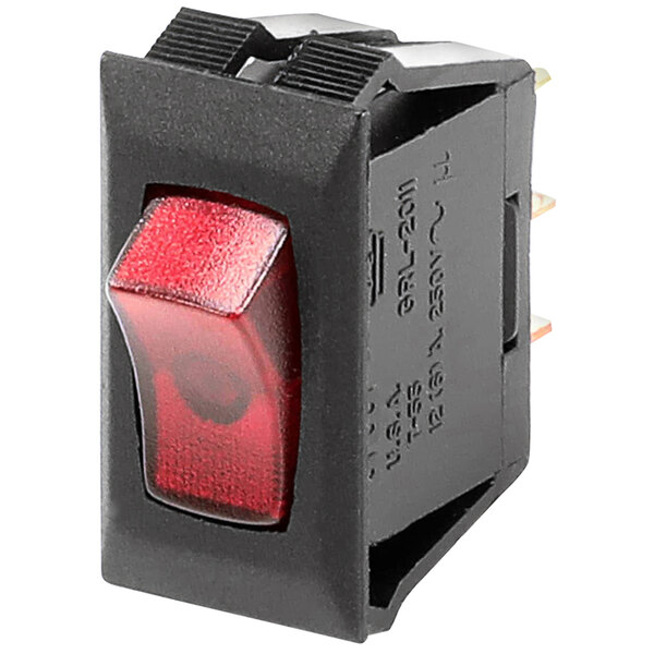 A black and red Cadco rocker switch with a red light.