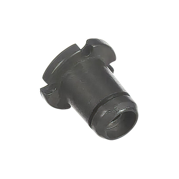 A black plastic nut with a round hole.