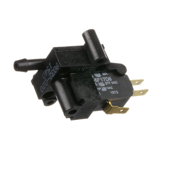 A black electrical device with a gold connector.