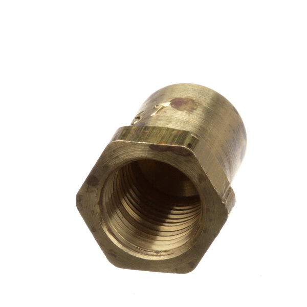 A close-up of a brass threaded nut on a white background.