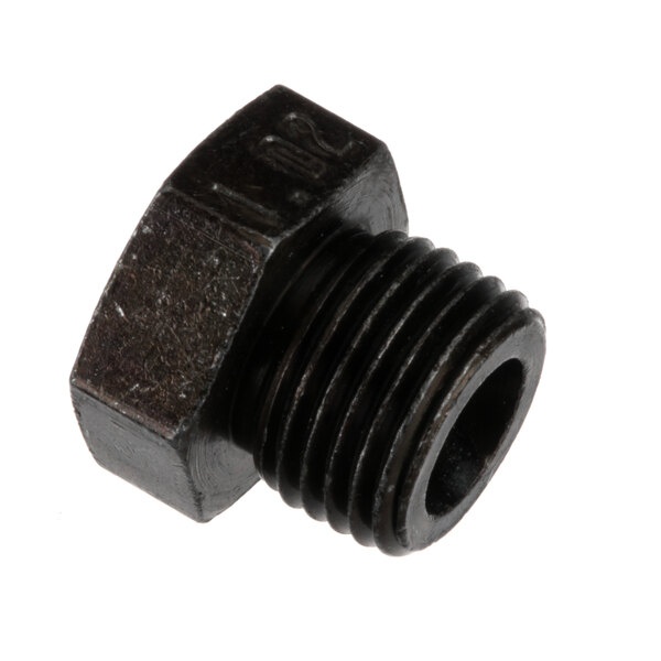 A close-up of a black threaded nut.