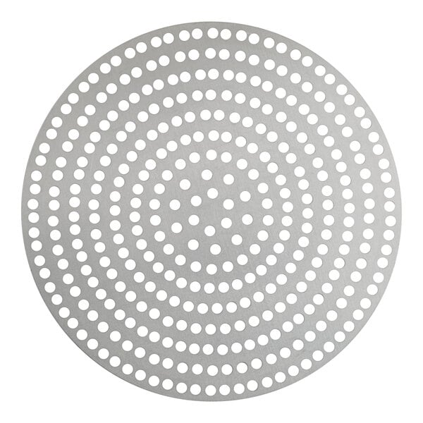 An American Metalcraft 14" aluminum pizza disk with holes.
