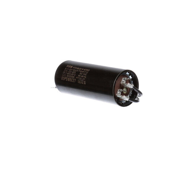 A close-up of a black cylindrical True Refrigeration start capacitor with wires.