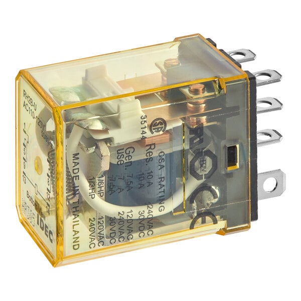 A yellow Ice-O-Matic relay with wires and a small circuit.