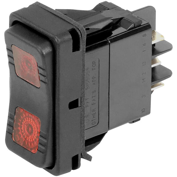 A close-up of a black Crown Steam rocker switch with red lights.