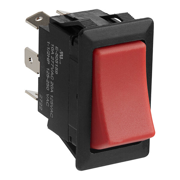 An American Range rocker switch with a red rectangular button and a black rectangular frame.