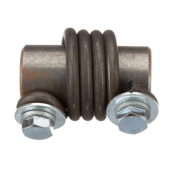 A metal tube with a pair of bolts on a white background.