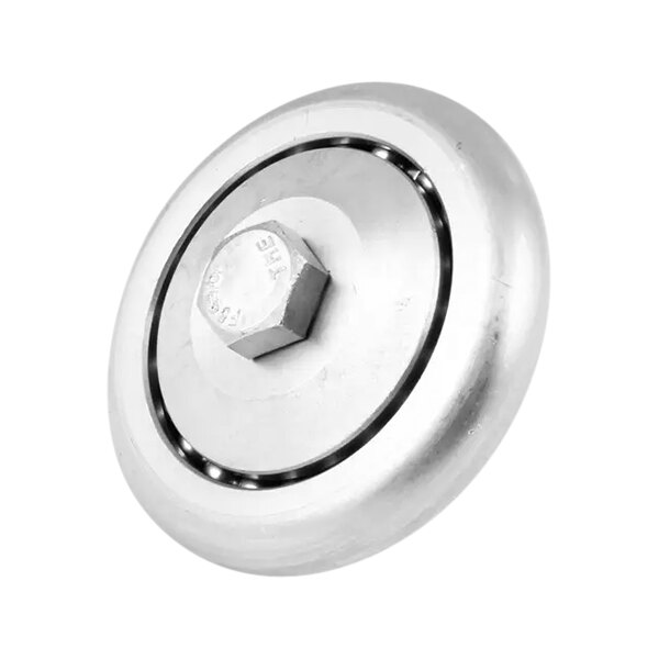 A close-up of a round metal Dolly Wheel with a nut.