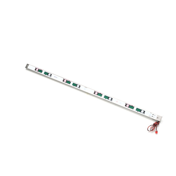 A long white rectangular metal strip with green and red lights.
