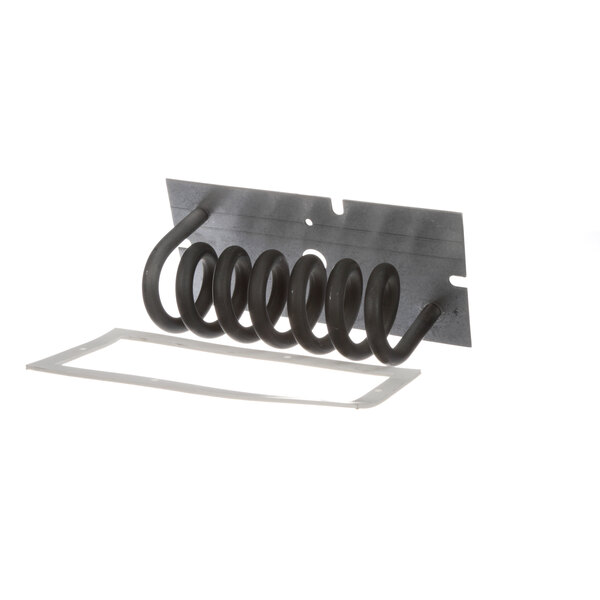 A coil spring on a metal plate.