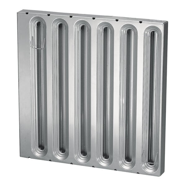 A stainless steel trapper filter with multiple vertical channels.