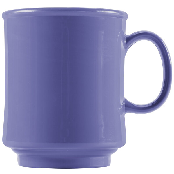 A close-up of a peacock blue GET Diamond Mardi Gras mug with a handle.