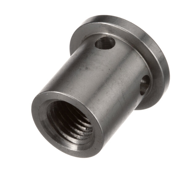 A stainless steel metal cylinder with holes and a threaded nut.