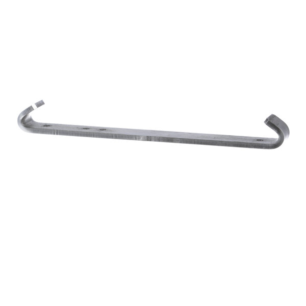A metal shelf with a metal bar and holes on it.