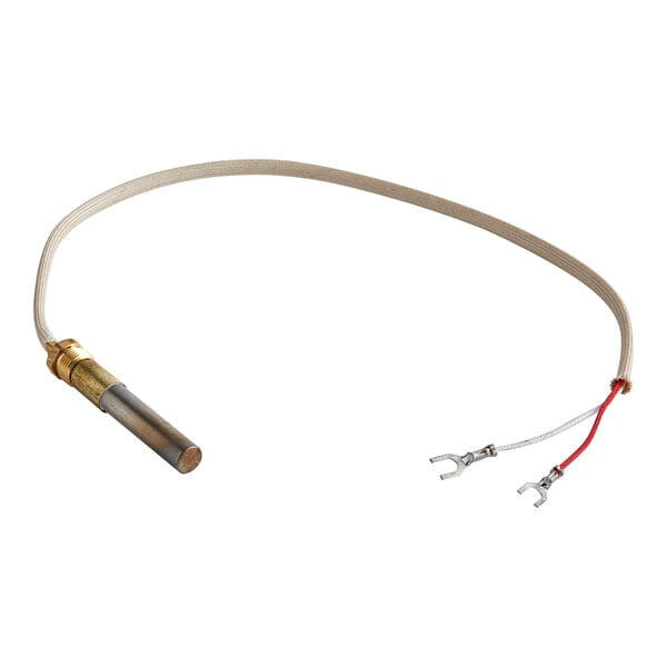 A white cable with a metal tube and a red and white connector.