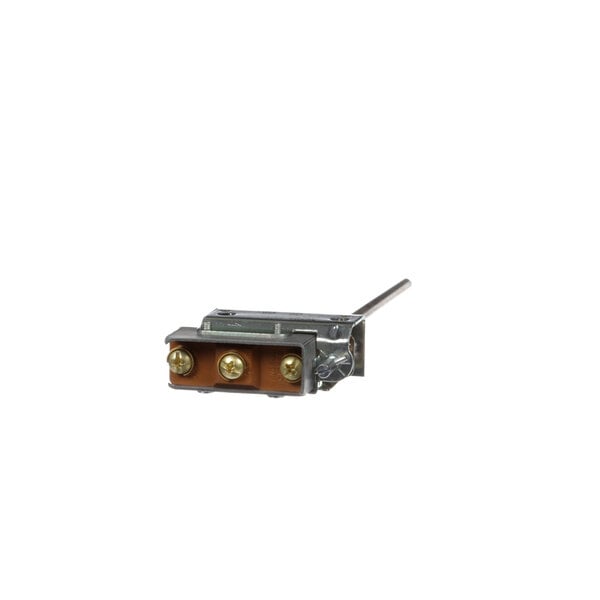 A close-up of a Jackson Rinse Thermostat, a metal device with two wires and metal cover.