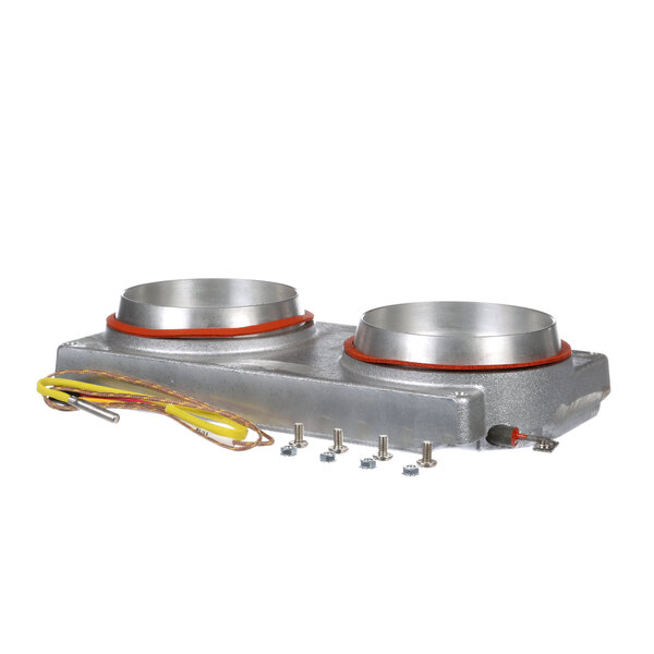 Two metal heaters with yellow and red wires attached to a silver metal object.
