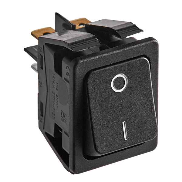 A black rocker switch with a white circle on the button.