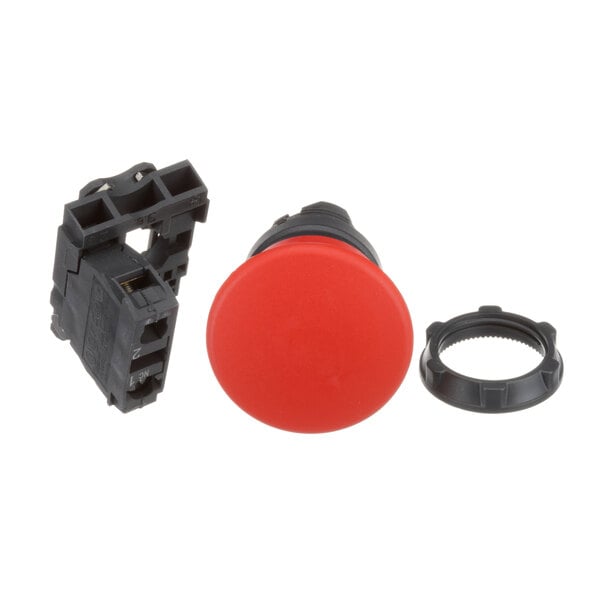 A close-up of an Electrolux Professional red round push button with black plastic parts.