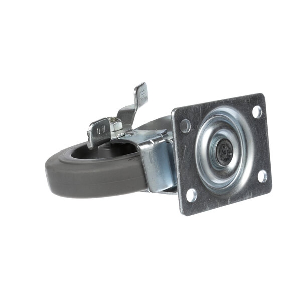 A black metal caster wheel with a rubber tire on a metal plate.