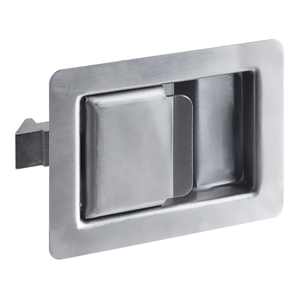 A stainless steel rectangular latch with a metal handle.