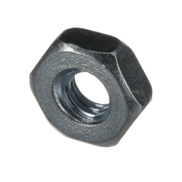 A close-up of a hex nut with a zinc finish.