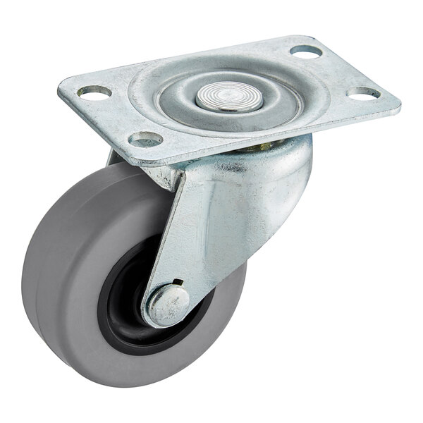 A Frymaster caster with a metal wheel and gray rubber tire on a metal plate.