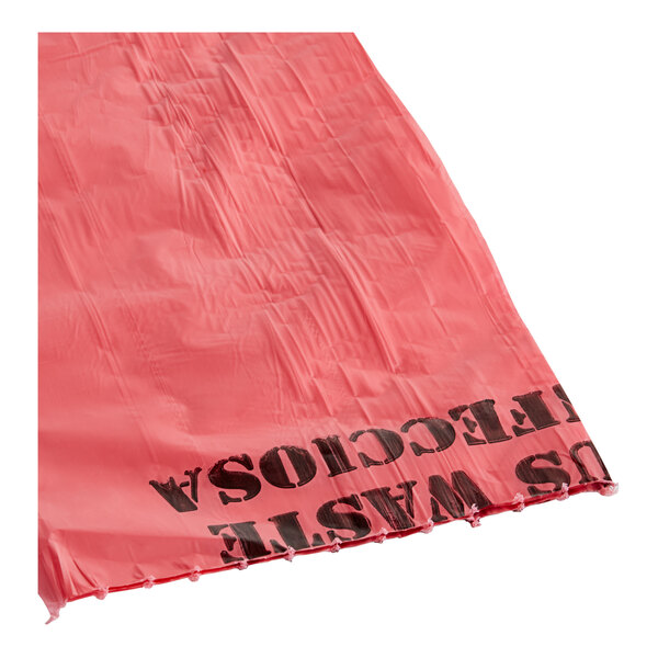 A red plastic 7 gallon infectious waste bag with black text that reads "Biohazard" and "Infectious Waste" on it.