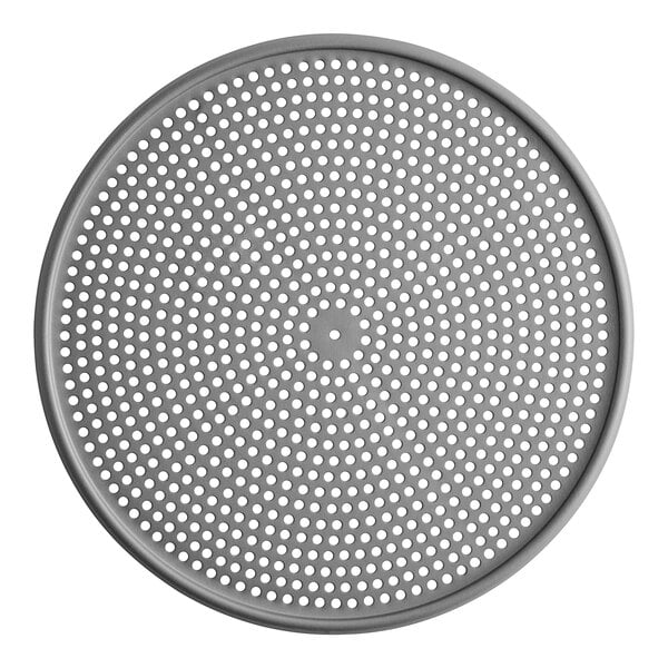 An American Metalcraft hard coat anodized aluminum circular pizza screen with holes.
