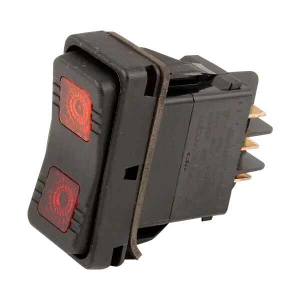 A black rectangular on/off/delime switch with two red indicator lights and multiple metal prongs for electrical connections.