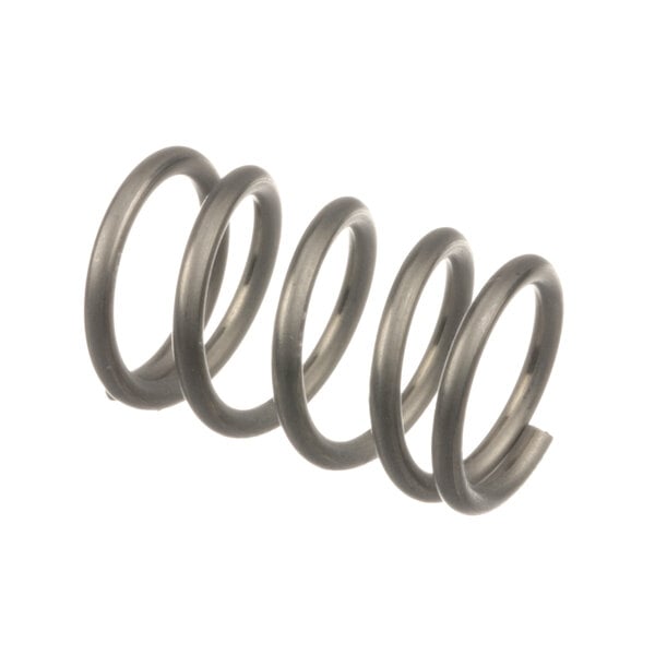 A close-up of a metal spring with a white background.