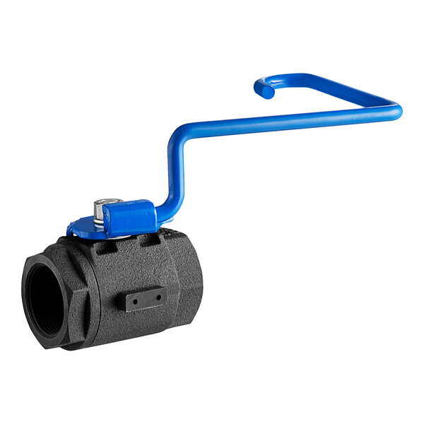 A black pipe with a blue Pitco drain valve handle.