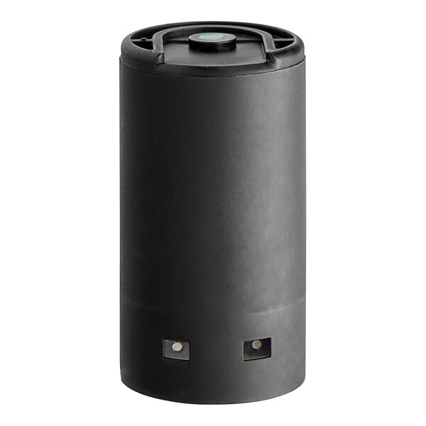A black cylindrical capacitor with two prongs.
