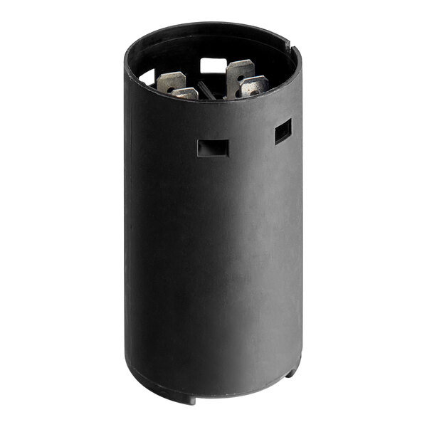 A black cylinder with two metal holes.