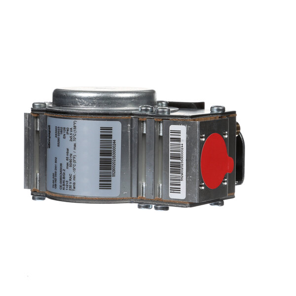 A close-up of a Rational gas valve with a red tag.